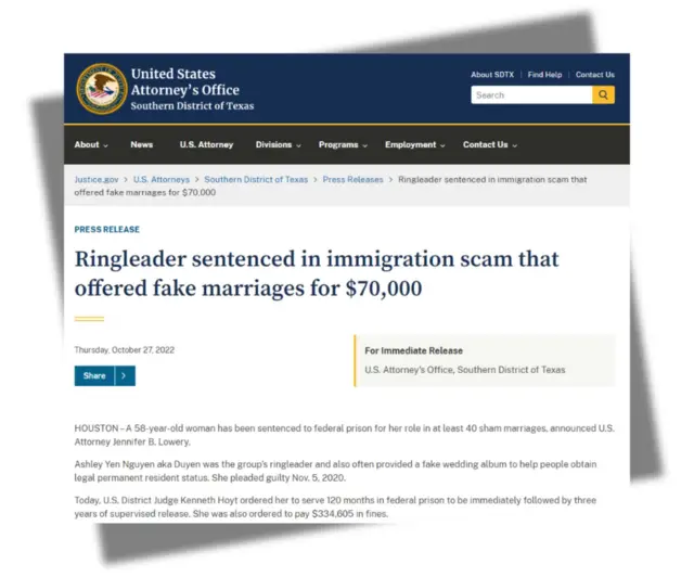Website Bộ Tư pháp Mỹ thông báo vụ án kết hôn giả hồi năm 2022
