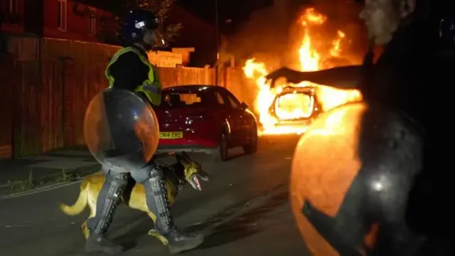 Policial com cachorro passaaposta com bonus gratisfrente a carro pegando fogoaposta com bonus gratisprotesto