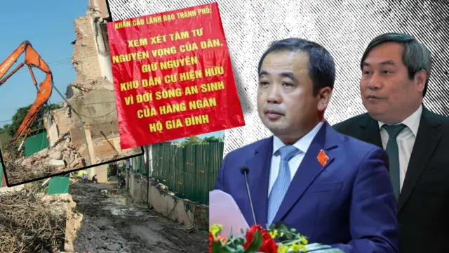 Hình ảnh ghép lần lượt từ hình ảnh giải tỏa mặt bằng ở đường Nghi Tàm, băng rôn người dân treo yêu cầu chính quyền lắng nghe người dân do cộng tác viên gửi đến BBC, các ông Trần Đức Thắng và Vũ Đại Thắng