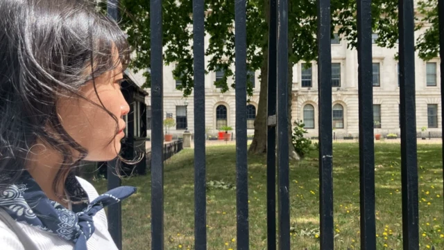 کارمن از پشت میله‌های حفاظ سیاه رنگی به عمارتی نگاه می‌کند