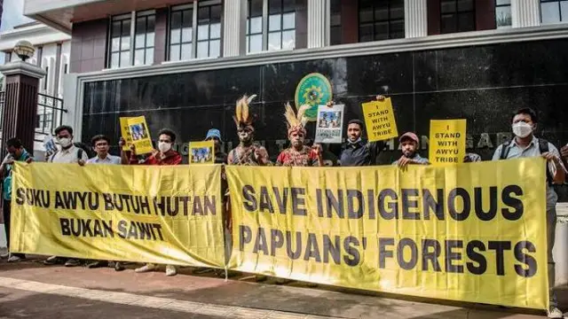 Masyarakat adat suku Awyu dan aktivis lingkungan berada di depan PTUN Jayapura untuk menyatakan dukungan atas penolakan proyek kebun sawit