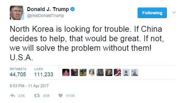 Tuit de Trump que lee: "Corea del Norte está buscando líos. Si China decide ayudar, sería fantástico. Si no, nosotros resolveremos el problema sin ellos! EE.UU."
