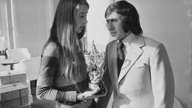 Scottish racing driver Jackie Stewart pictured with Nina Rindt, widow of Austrian racing driver Jochen Rindt, in London on 18th November 1970