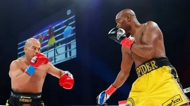 Tito Ortiz and Anderson Silva square off during the first round of the fight during Evander Holyfield vs. Vitor Belfort presented by Triller at Seminole Hard Rock Hotel & Casino on September 11, 2021 in Hollywood, Florida.