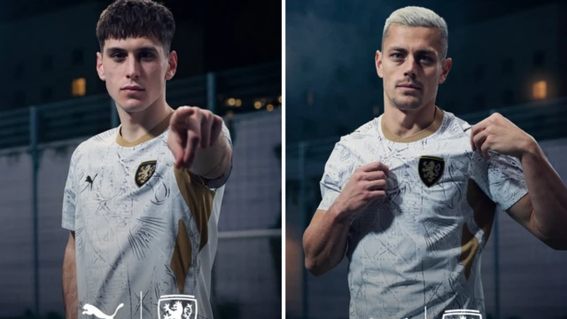 Matyas Vojta and Tomas Holes wear 2026 Czech Republic away shirt.