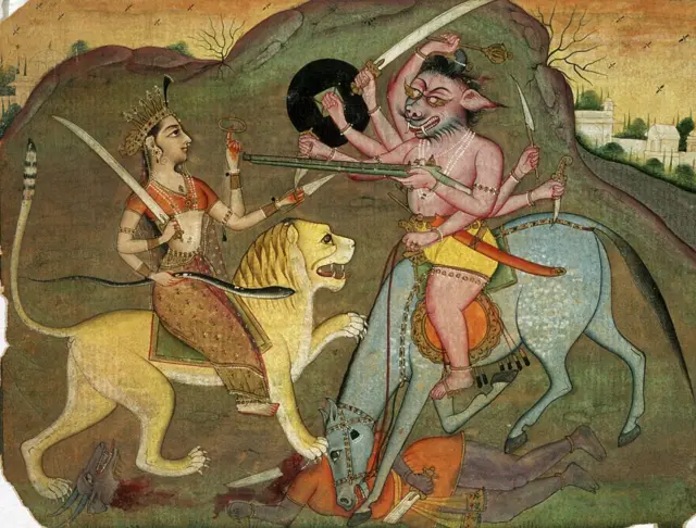 দুর্গা ও মহিষাসুরের যুদ্ধ, ১২৭৫ খ্রীষ্টাব্দের হাতে আঁকা ছবি - রাজস্থানের বিকানের থেকে সংগৃহীত