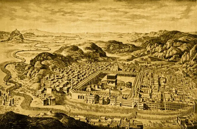 مكة المكرمة والكعبة والمسجد الحرام. صورة طُبعت عام ١٧٩٠ في باريس