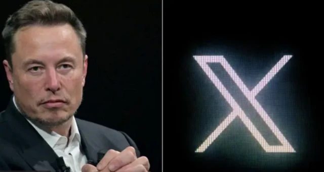 Elon Musk ao lado do símbolo do X