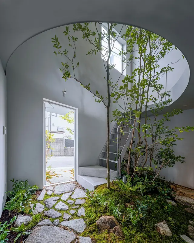 Patio interior con jardín, sendero de piedra, árboles y escalera bajo una abertura circular que ilumina el espacio.