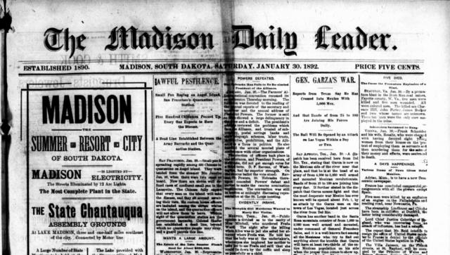 Portada del periódico "The Madison Daily Leader" con la noticia de la "Guerra del general Garza", el 30 de enero de 1892.