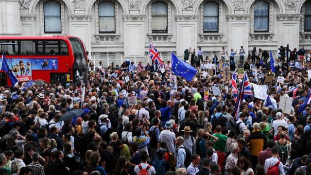 “反脱欧”示威者在伦敦白厅靠近唐宁街入口聚集（28/8/2019）