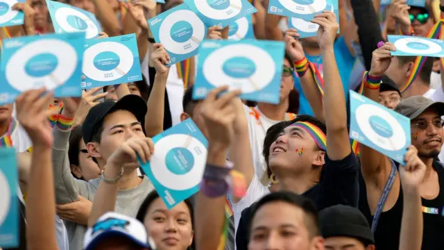 People take part in a rally in support of same-sex marriage near the Presidential Office in Taipei on November 18, 2018, ahead of a landmark vote on LGBT rights on November 24.