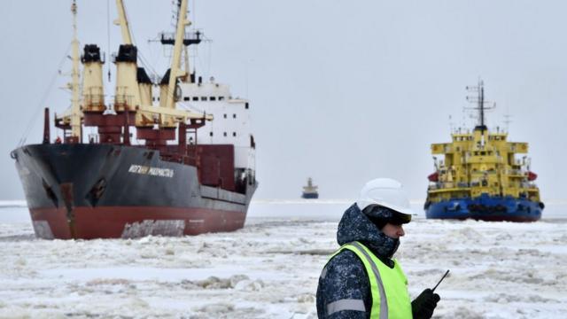 Ships off Yamal Peninsula in the Arctic Circle