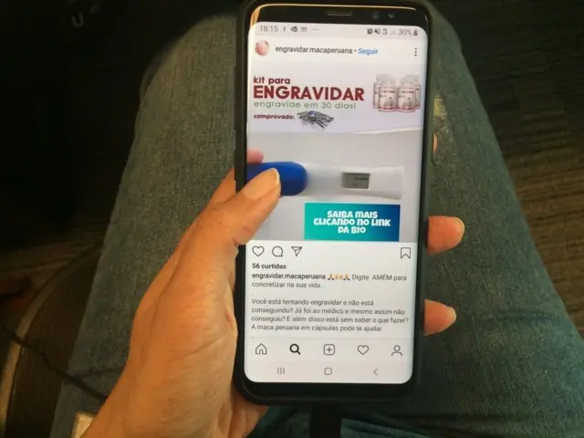 Imagem mostra telaroll over bet7kcelular exibindo postroll over bet7kpáginaroll over bet7kInstagram que vende produto supostamente à baseroll over bet7kmaca peruana como "kit para engravidar"