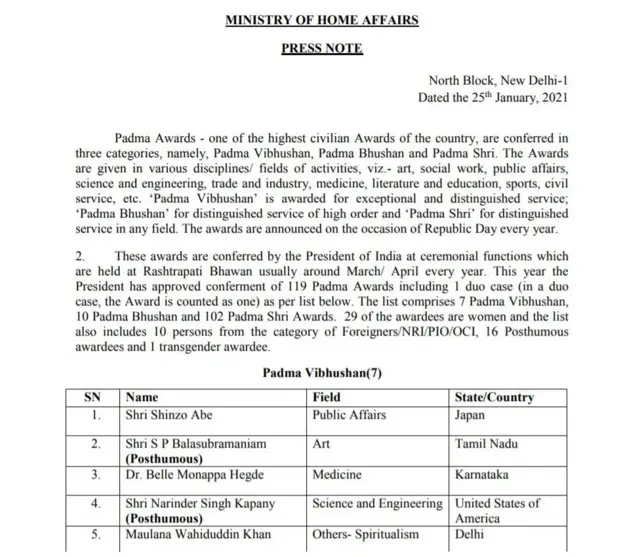 पद्म पुरस्कारों की घोषणा: जापान के पूर्व पीएम, रामविलास पासवान और तरुण गोगोई के नाम शामिल