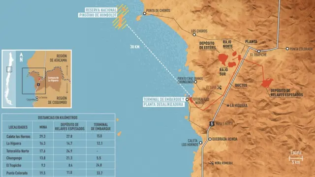 Un mapa de la costa de Chile en el que se ve dónde se ubicará Dominga