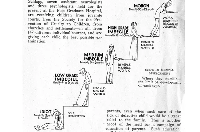 Ilustración en un artículo para los que se dedicaban a la eugenesia. Muestra varios grados de deficientes mentales juveniles, desde idiota hasta tarado, pasando por tres grados de imbecilidad.