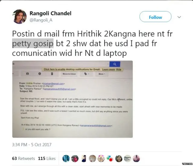 कंगना रनौत, ऋतिक रोशन, रंगोली चंदेल