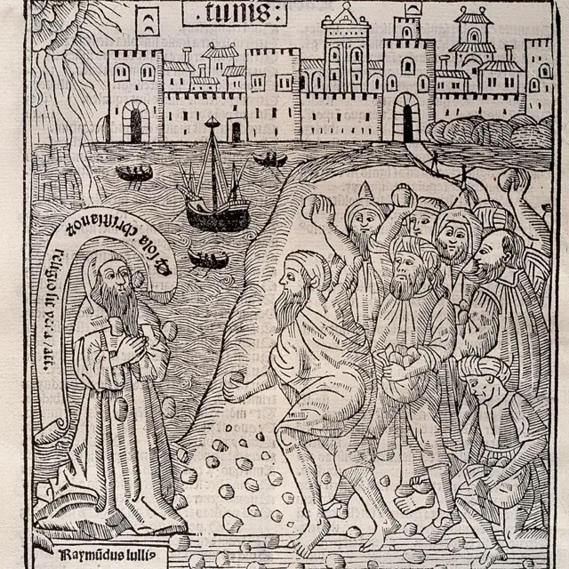 Grabado del martirio de Ramon Llull en Túnez, impreso en Valencia en 1515 por D, de Gumiel, Biblioteca Universitaria de Barcelona, Cataluña.