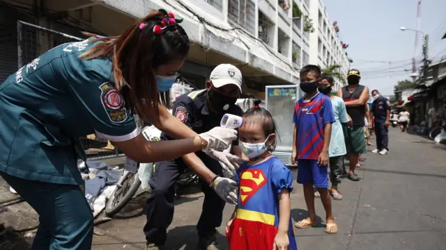 พนักงานตรวจอุณหภูมิร่างกายเด็กที่มารอเข้าแถวรับอาหาร