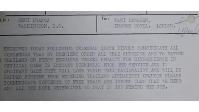 โทรเลขจากเสนีย์ ปราโมช ถึง มณี สาณะเสน 19 กันยายน 2485 (TNA, HS 1/65)