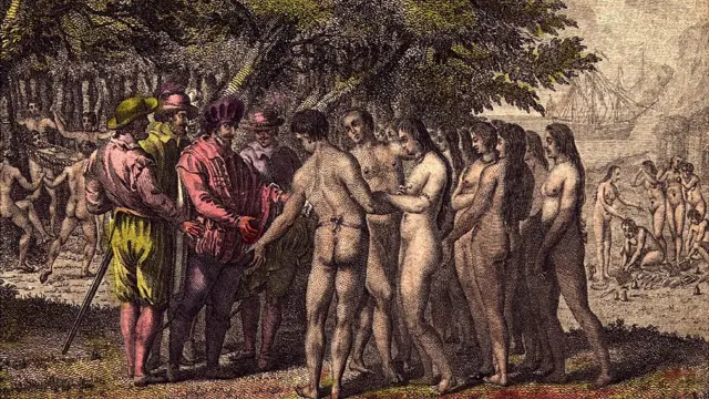 Cortés hablando con indígenas