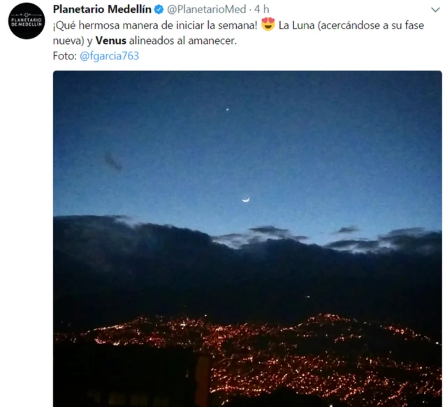 Imagen de la ocultación de Venus publicada en Twitter por el Planetario de Medellín