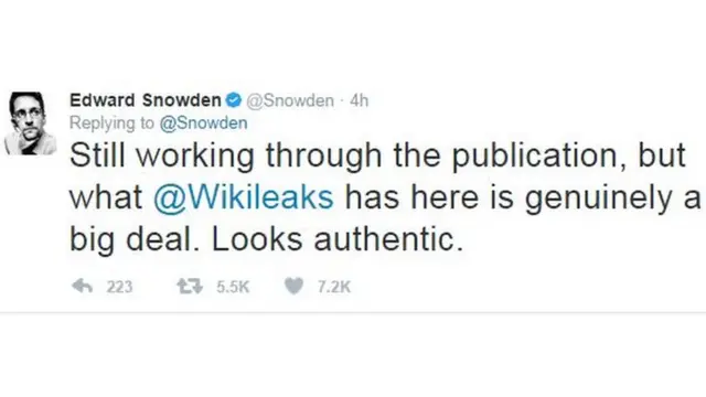 Edward Snowden: "Henüz yayın üzerine çalışıyorum ama Wikileaks'in elindeki büyük bir şeye benziyor. Otantik gözüküyor."