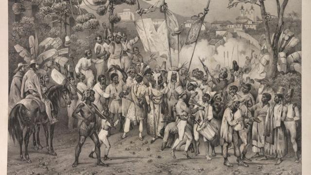 Escravos participam da festa de Santa Rosália. “Fête de Ste. Rosalie, Patrone des nègres”. Gravura contida na obra “Voyage pittoresque dans le Bresil”, de Johann Moritz Rugendas e M. de Golbery, 1835.