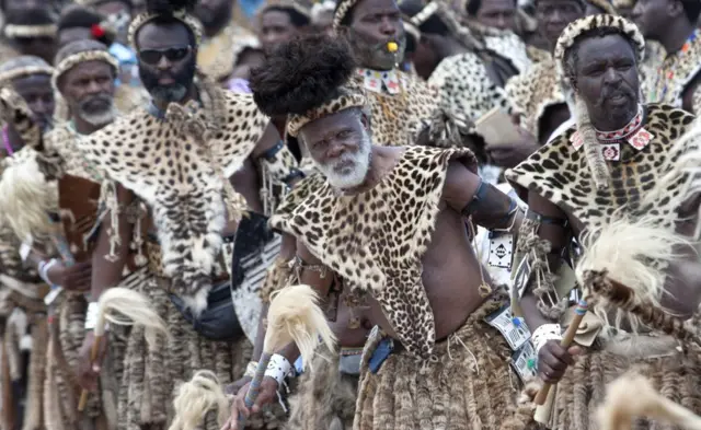 Male Shembe church members dressed in leopard skins and fake pelts at a gathering in eBuhleni, South Africa - Sunday 29 January 2017
