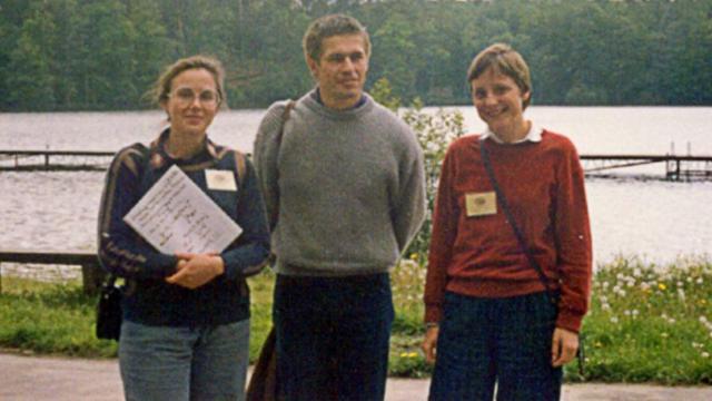 A photo taken in 1989 in the northern Polish city of Bachotek shows (from L) now quantum chemistry professor Malgorzata Jeziorska, Joachim Sauer, the husband of German Chancellor Angela Merkel, and the German leader during summer school at a university for chemistry students.