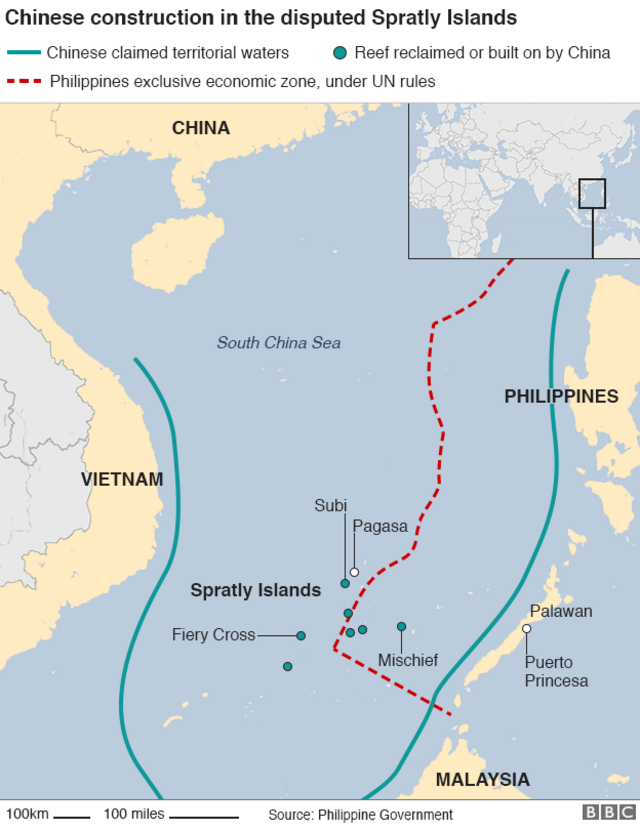南シナ海で中国が主張する領海（緑線）とフィリピンのEEZ（赤点線）