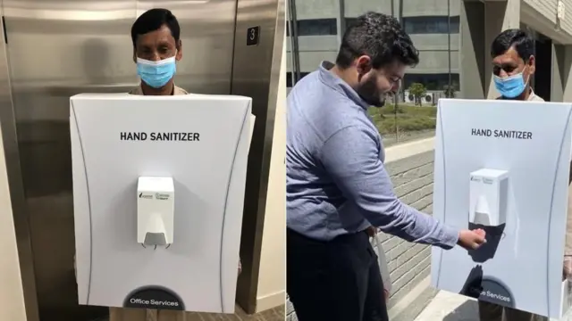 عامل في شركة أرامكو يرتدي ما يشبه جهاز التعقيم