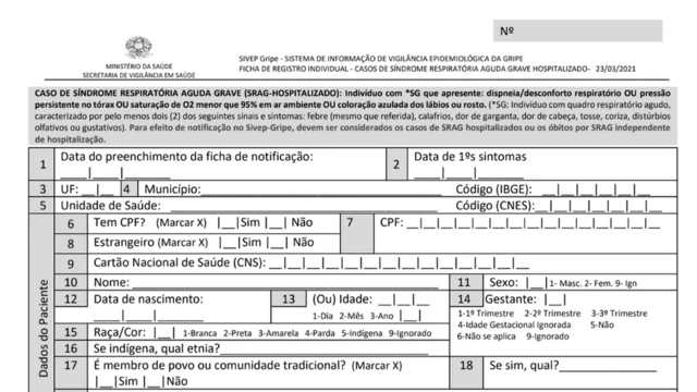 Trecho inicial da ficha que as equipesbr4bet baixarsaúde precisam preencher para cada novo paciente com SRAG