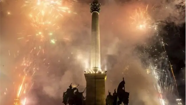 Fireworks light up for Heroes' Square Budapest, Hungary