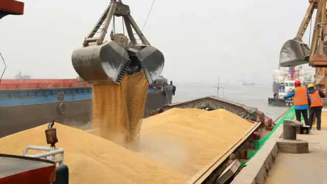 Кран разгружает ячмень в китайском порту