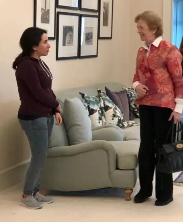Princess Sheikha Latifa bint Mohammed al-Maktoum, daughter of Dubai"s ruler, meets with Mary Robinson, former United Nations High Commissioner for Human Rights and former President of Ireland, in Dubai