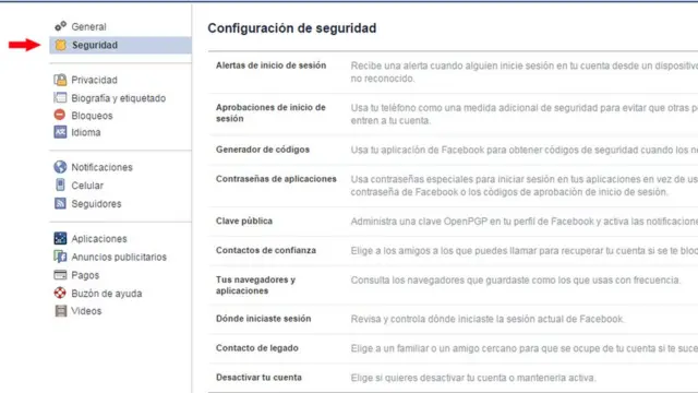 Pantalla de Facebook con opción Seguridad