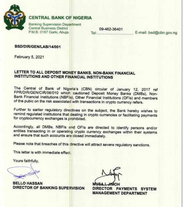 CBN letter to close down crypto accounts