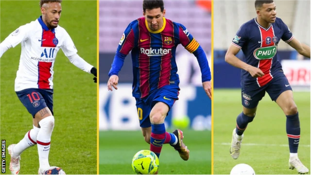 Neymar, Lionel Messi and Kylian Mbappe all in action