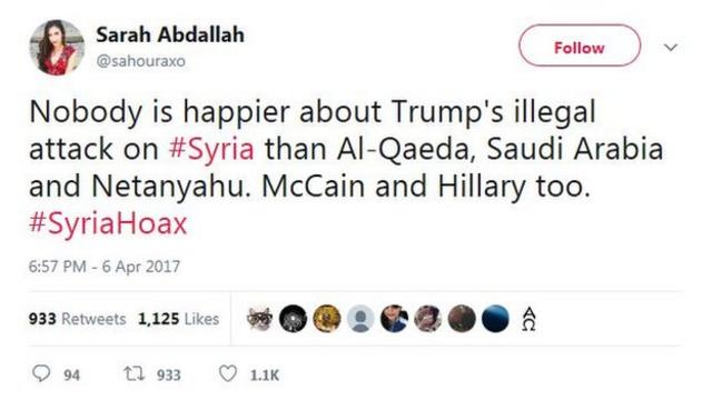 Tweet by @sahouraxo: "Nobody is happier about Trump's illegal attack on #Syria than Al-Qaeda, Saudi Arabia and Netanyahu. McCain and Hillary too. #SyriaHoax"