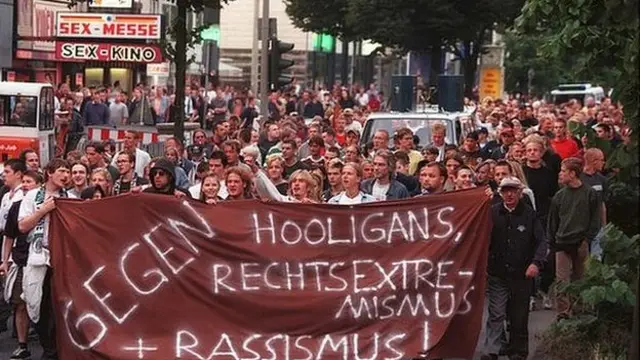 St Pauli fans display before a 1998 friendly match with city rivals Hamburg