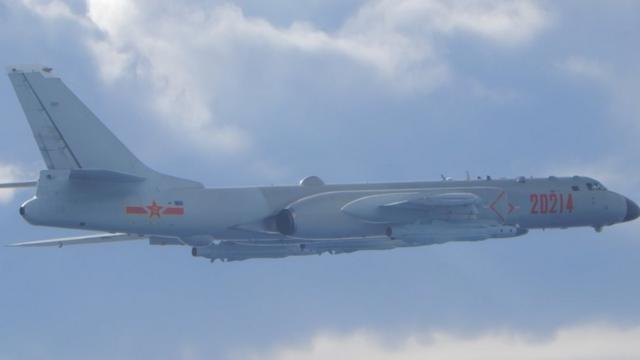 A Chinese H-6 bomber flies on a mission near the median line in the Taiwan Strait on 18 September 2020