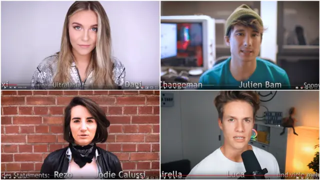 Colagem com imagens de quatro youtubers que participaram de vídeo de 'manifesto'