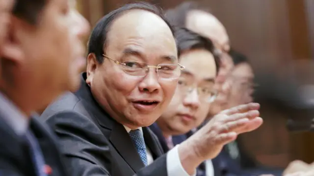Vietnam's Prime Minister Nguyen Xuan Phuc gestures during talks with Russian State Duma Chairman Sergei Naryshkin