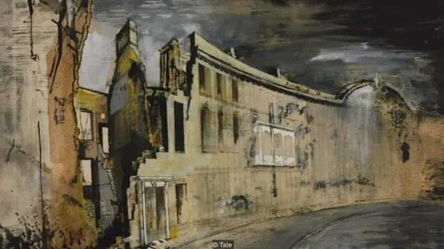 Pada abad 20, pelukis mulai menggambarkan reruntuhan sebagai ekspresi ketakutan dalam era perang - seperti Somerset Place, Bath (1942) oleh John Piper.
