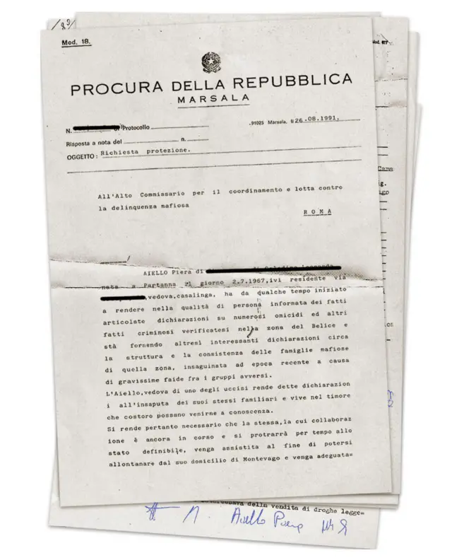 Documento com o qual tribunal solicita, em agosto de 1991, proteção policial para Piera Aiello
