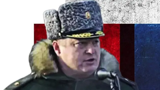 An image of Maj Gen Roman Kutuzov over a treatment of the Russian flag