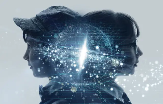 등을 맞대고 있는 남자 어린이와 여자 어린이의 뇌가 빛나고 있는 그림