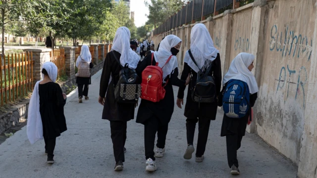 Five Afghan schoolgirls walk alongside each other in a row, with their backs facing us